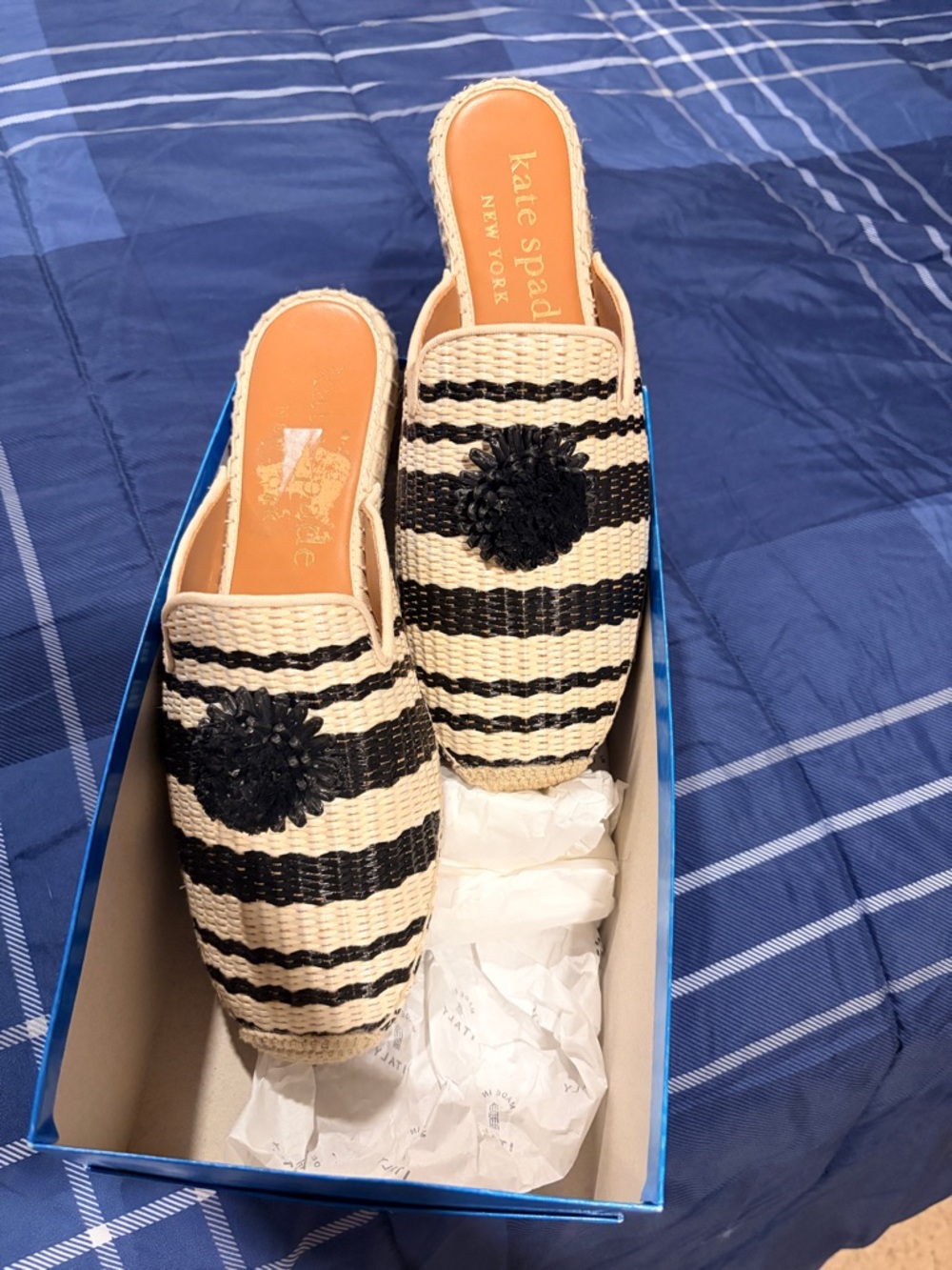 kate spade Black and Natural Striped Raffia Slip-On Mules
